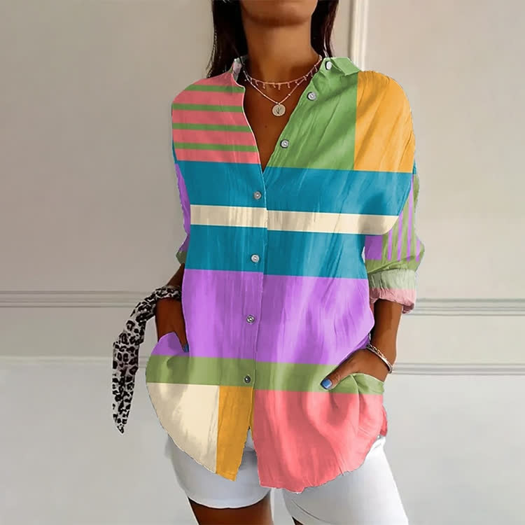 Colorful Block Stripe Print Long Sleeve Blouse - Multicolor - 4XL - image 1