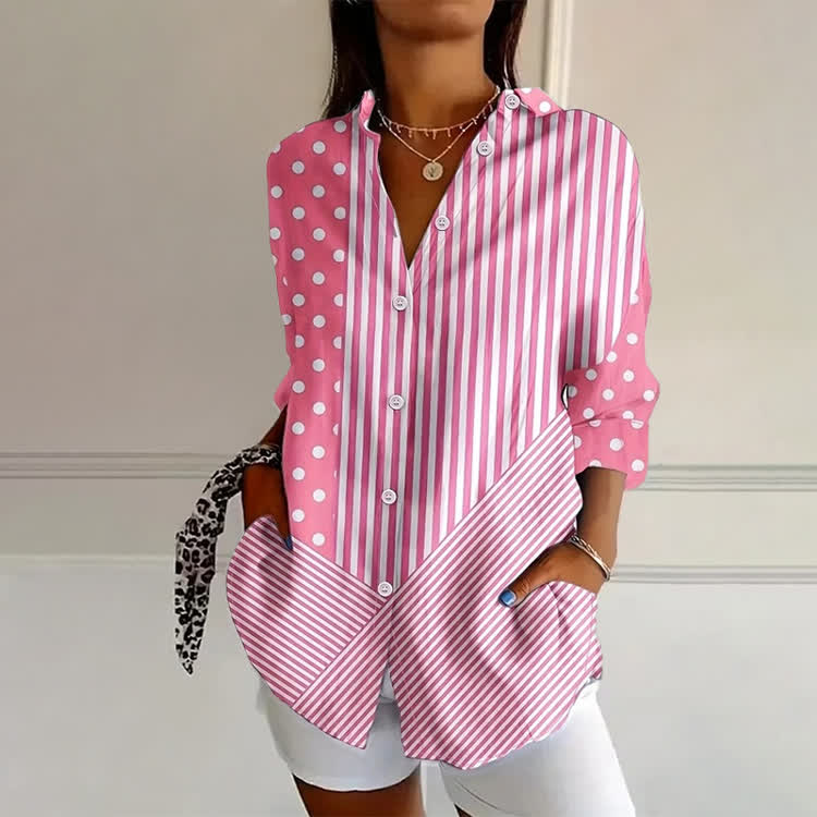 Polka Dot & Stripe Print Long Sleeve Blouse - Pink - 4XL - image 2