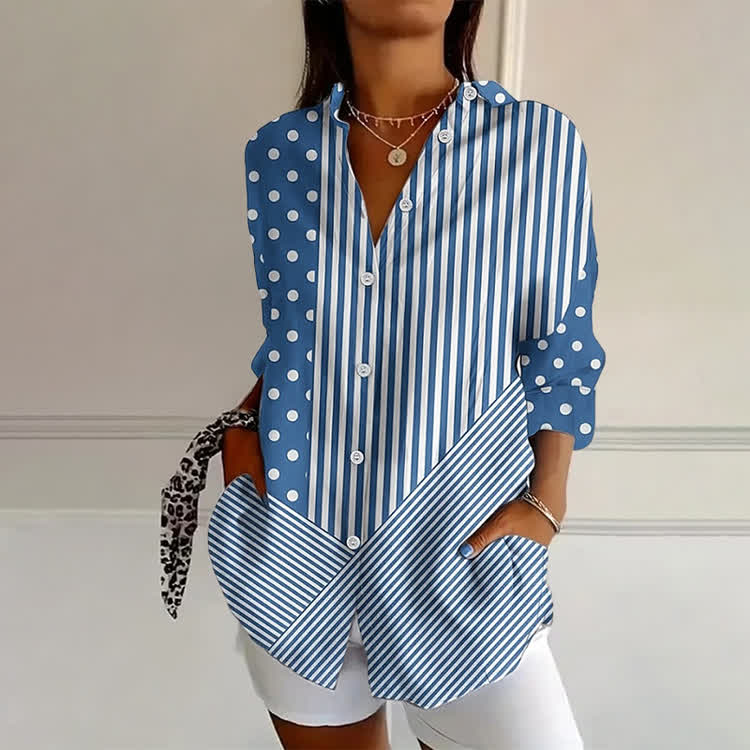 Polka Dot & Stripe Print Long Sleeve Blouse - Blue - 4XL - image 1