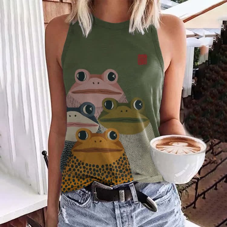 Japanese Style Frog Print Crew Neck Tank Top - Green - 5XL - image 1
