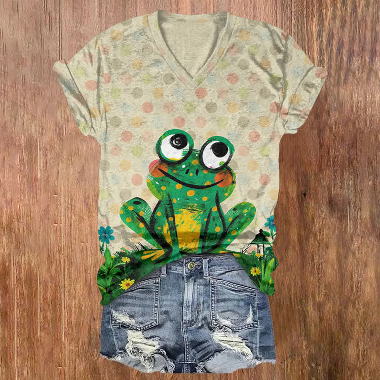 Rainbow Polka Dots And A Frog Pattern Print Short Sleeved V-Neck T-Shirt - Apricot - US32-34(5XL) - image 1