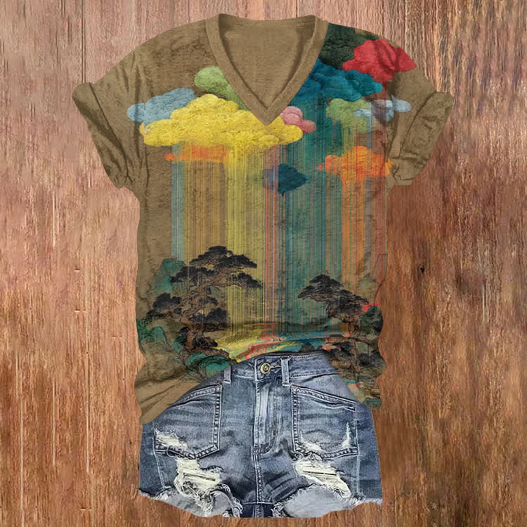 Vintage Rainbow Rain Pattern Print Short Sleeved V-Neck T-Shirt - Olive Green - US32-34(5XL) - image 1