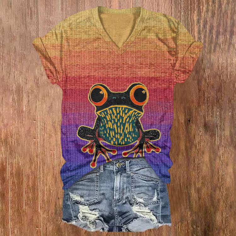 Rainbow Stripes And A Frog Pattern Print Short Sleeved V-Neck T-Shirt - Yellow - US32-34(5XL) - image 1