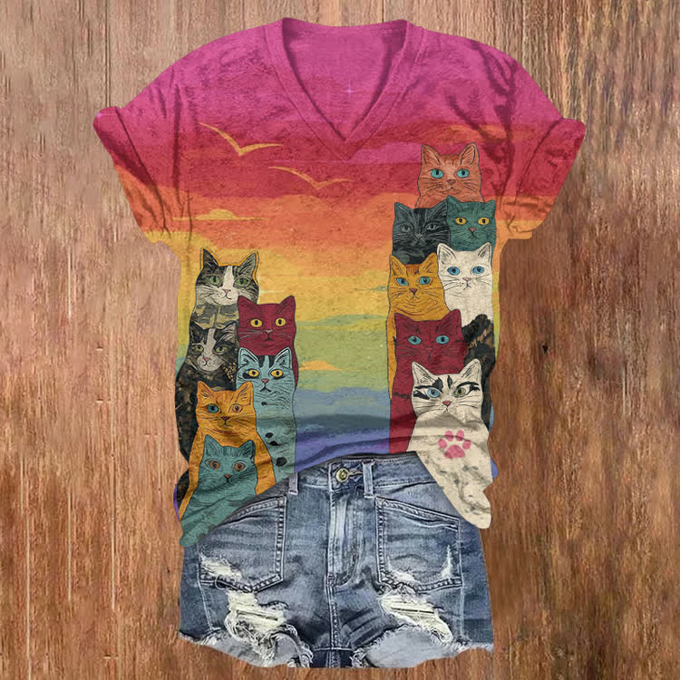Rainbow Sunset And Kitten Pattern Print Short Sleeved V-Neck T-Shirt - Multicolor - US32-34(5XL) - image 1