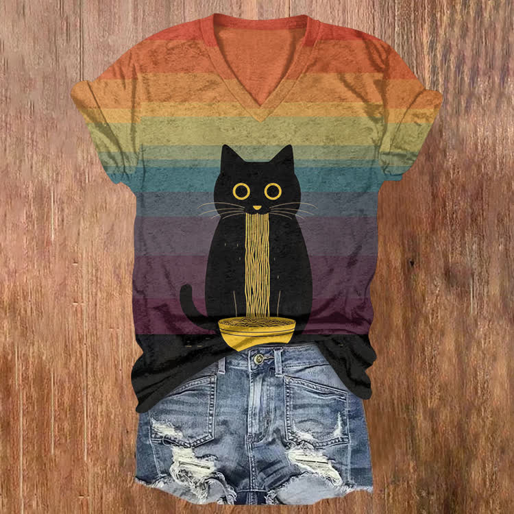 Rainbow Stripes And The Noodle-Eating Cat Pattern Print Short Sleeved V-Neck T-Shirt - Orange - US32-34(5XL) - image 1