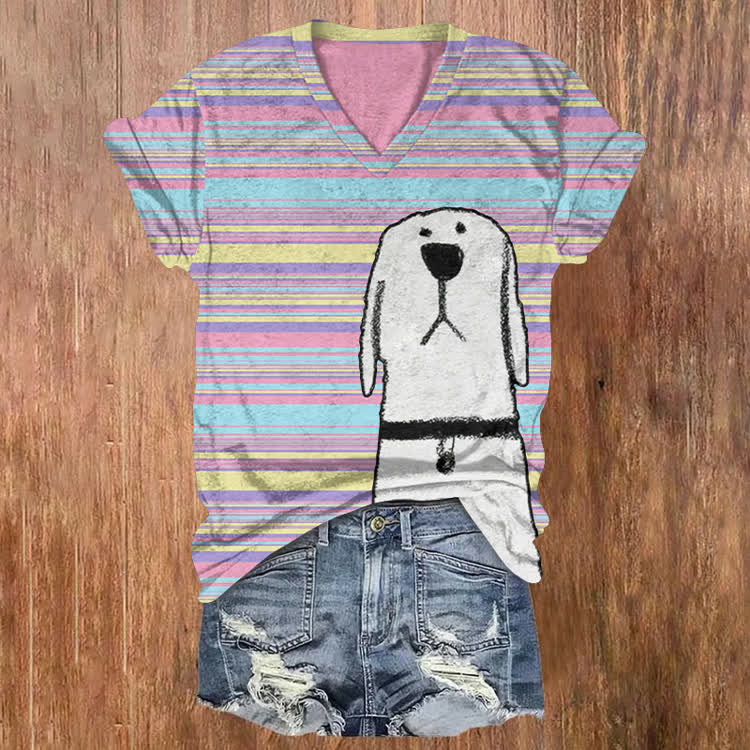 Rainbow Stripes And A Puppy Pattern Print Short Sleeved V-Neck T-Shirt - Pink - US32-34(5XL) - image 1