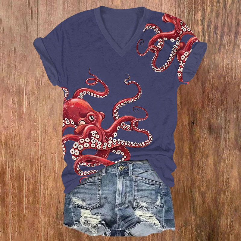 Funny Red Octopus Art T-shirt - Royal Blue - US32-34(5XL) - image 3