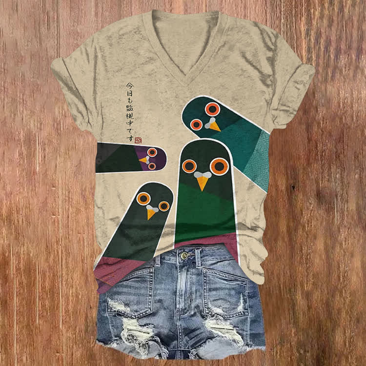 Japanese Retro Surveillance Bird Pattern Print Short Sleeved V-Neck T-Shirt - Apricot - US32-34(5XL) - image 2