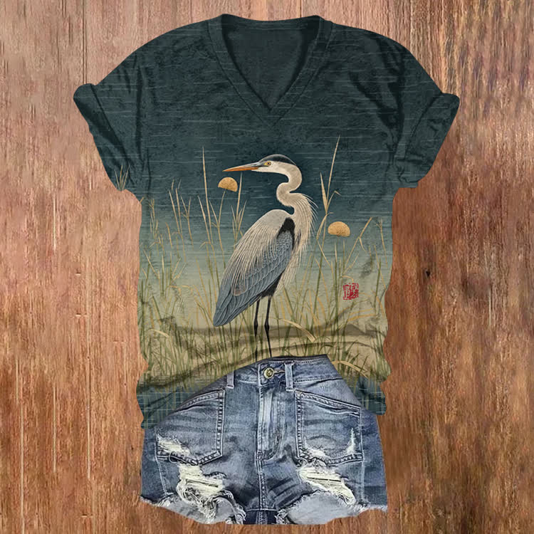 Vintage Oriental Bird Print Short Sleeved V-Neck T-Shirt - Dark Green - US32-34(5XL) - image 1