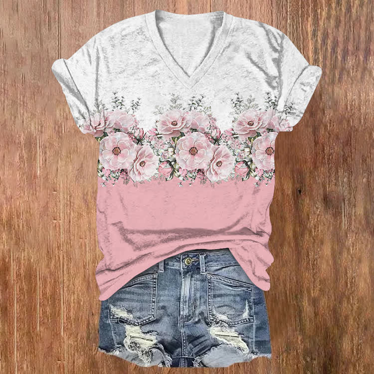 Pink Floral Divider Breast Cancer Awareness Pattern Print Short Sleeved V-Neck T-Shirt - Pink - US32-34(5XL) - image 1