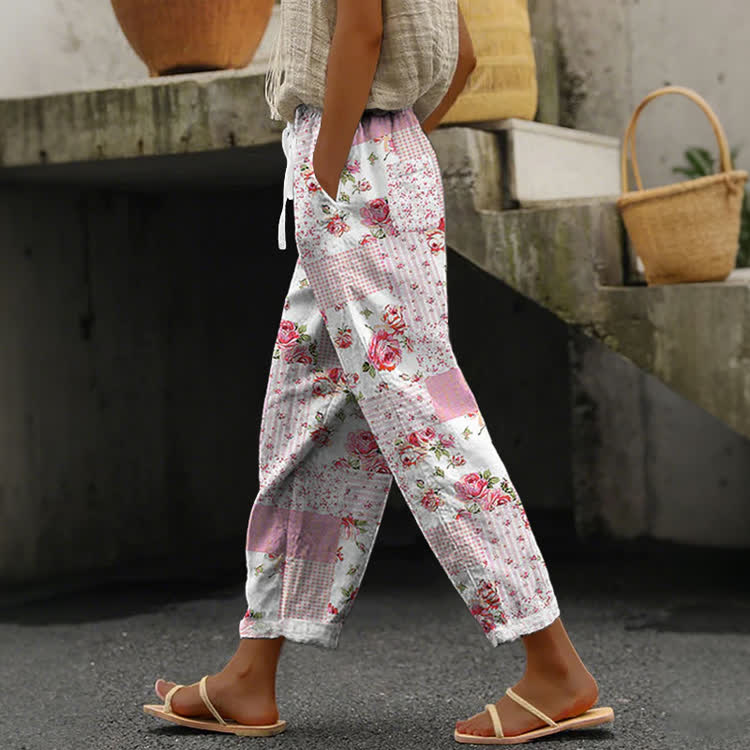 Pink Floral Patchwork Breast Cancer Awareness Pattern Print Casual Pocket Pants  - Pink - US 20 (5XL) - image 1