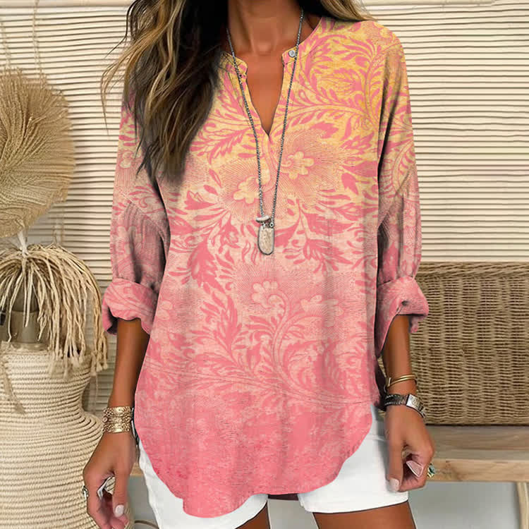 Pink Gradient Florals Breast Cancer Awareness Patterns Print Long Sleeve Casual Blouse - Pink - US 30 (8XL) - image 1