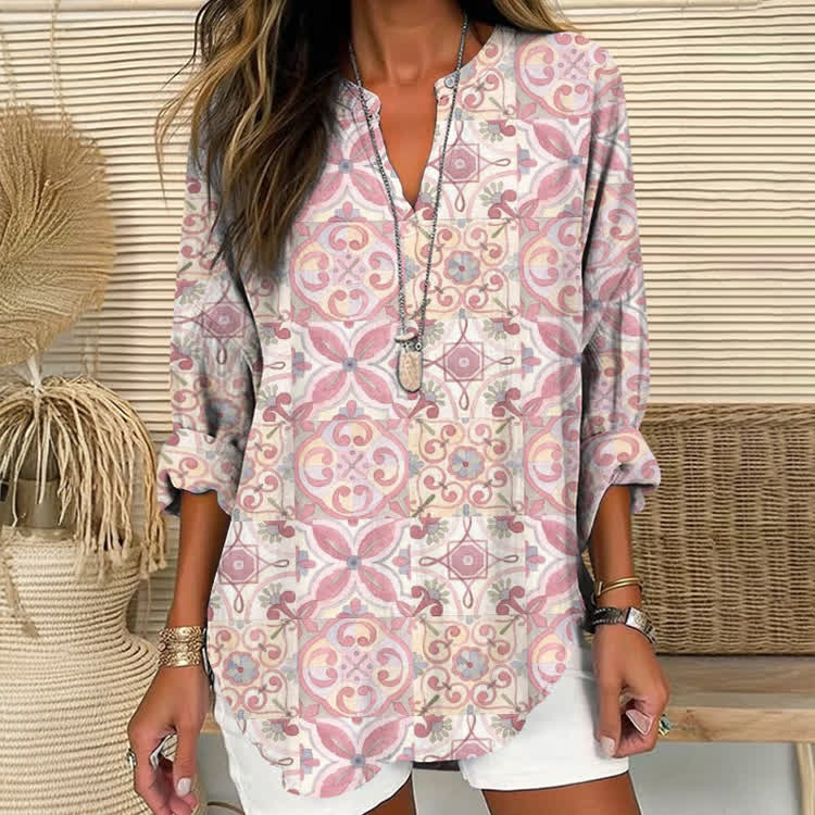 Pink Patterned Tiles Breast Cancer Awareness Patterns Print Long Sleeve Casual Blouse - Pink - US 30 (8XL) - image 1