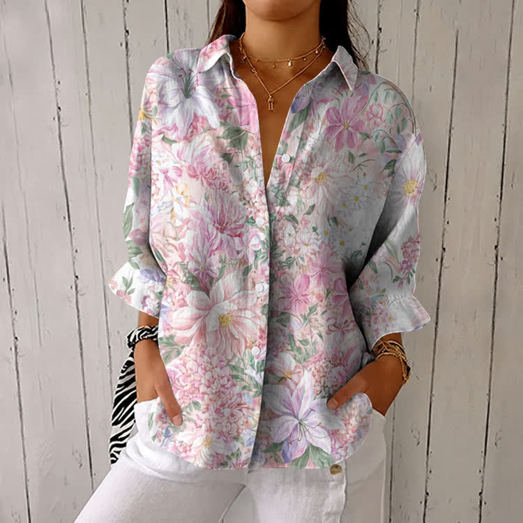 Pink Blossoms Breast Cancer Awareness Pattern Print Half-sleeve Button-Down Shirt - Pink - US 26 (6XL) - image 1