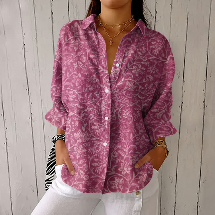 Pink  Scrolling Vine Breast Cancer Awareness Pattern Print Half-sleeve Button-down Shirt - Pink - US 26 (6XL) - image 1