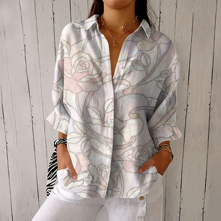 Pink Rose Segmentation Breast Cancer Awareness Pattern Print Half-sleeve Button-down Shirt - Pink - US 26 (6XL) - image 1