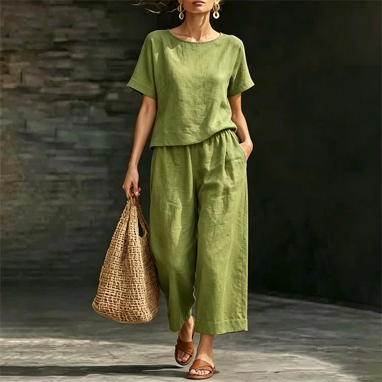 Cozy Solid Loose-fitting Half Sleeve Blouse&wide-leg Pants Set - image 2