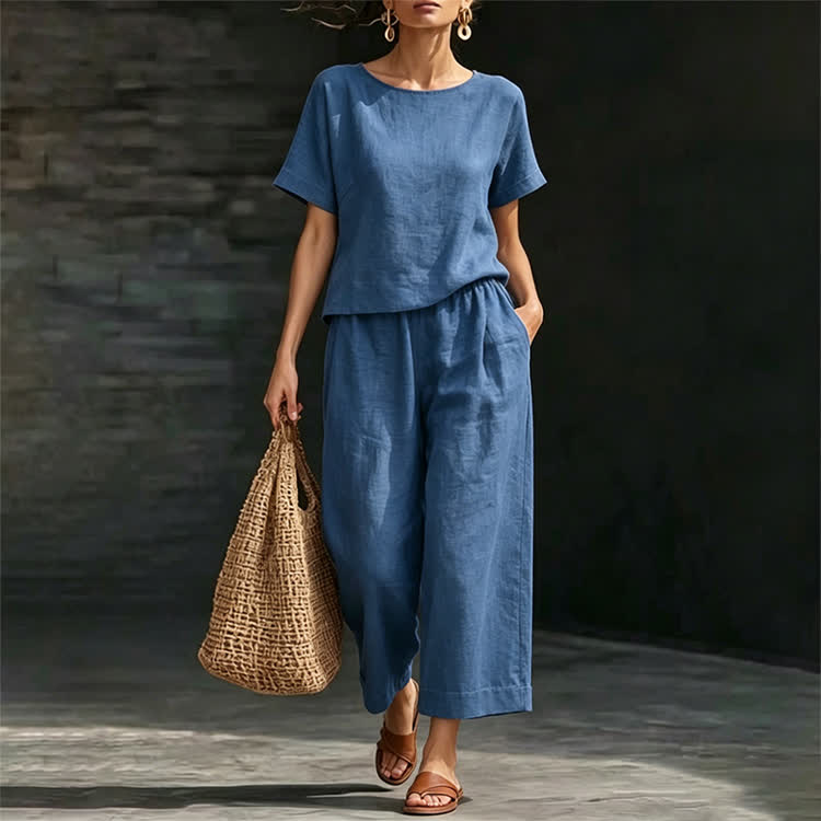 Cozy Solid Loose-fitting Half Sleeve Blouse&wide-leg Pants Set - image 1
