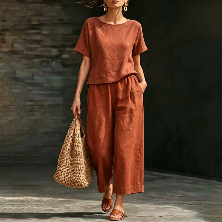 Cozy Solid Loose-fitting Half Sleeve Blouse&wide-leg Pants Set - image 4