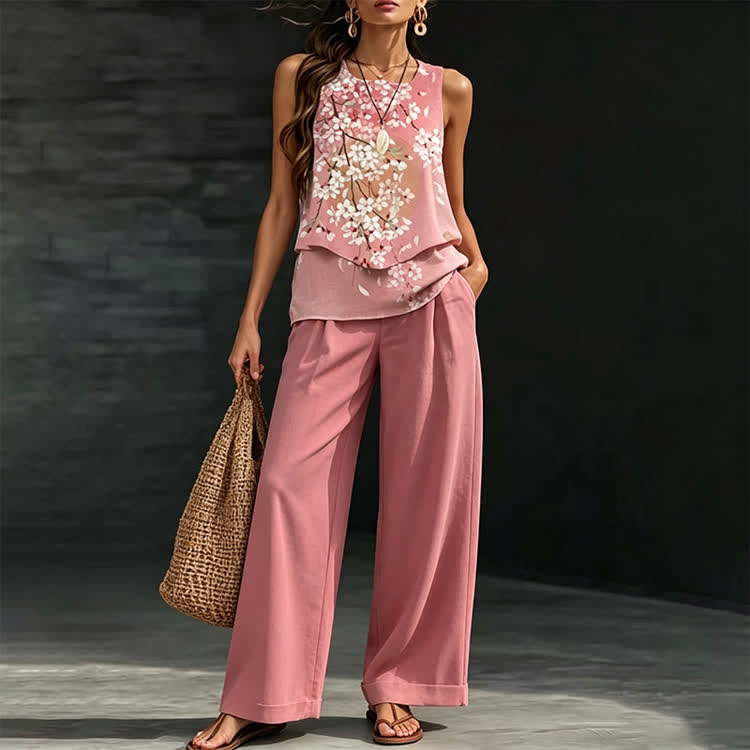Japanese Cherry Blossom Gradient Print Double-layer Irregular Hem Square-neck Vest&pants Set - image 1