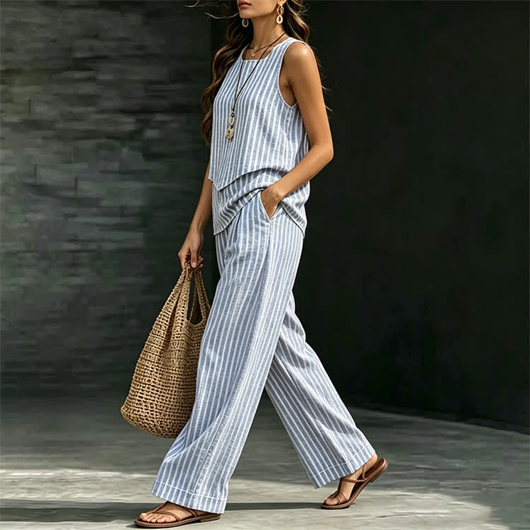 Elegant Stripe Double-layer Irregular Hem Square-neck Vest&pants Set - image 2