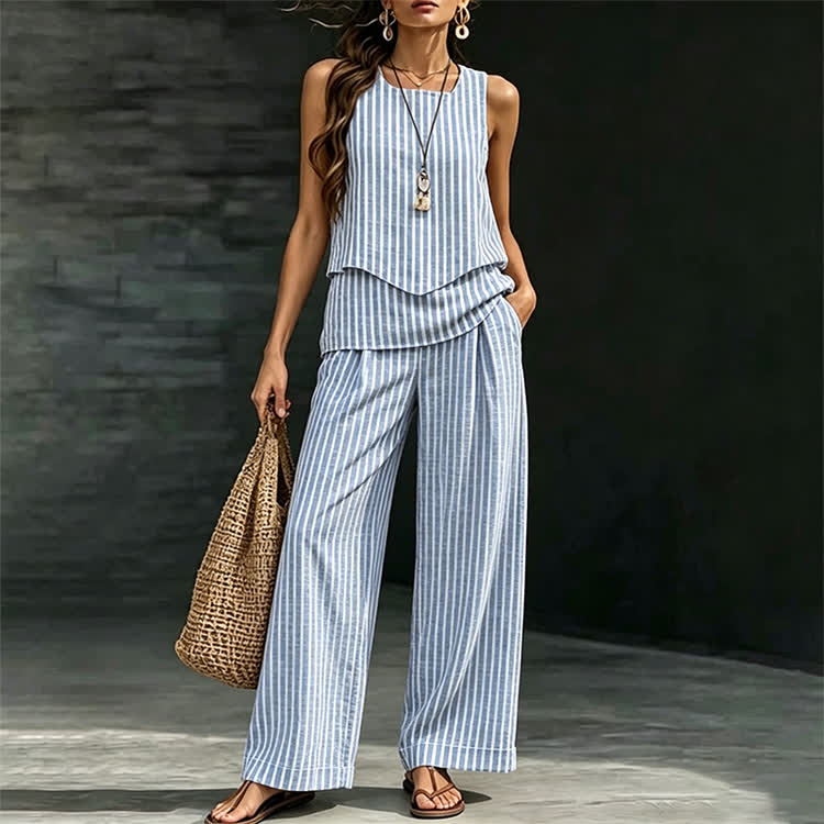 Elegant Stripe Double-layer Irregular Hem Square-neck Vest&pants Set - image 1