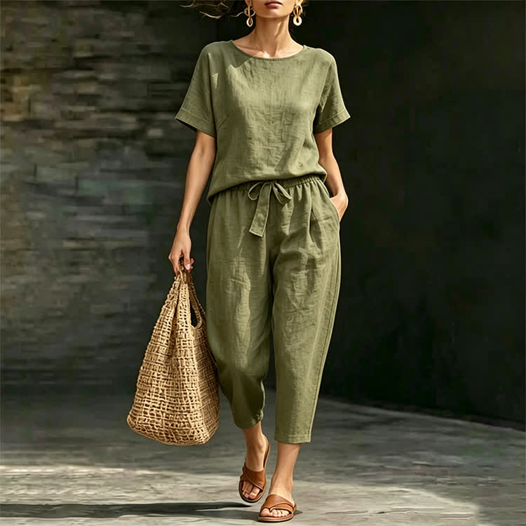 Casual Cozy Loose-Fit Solid Half Sleeve Blouse&Pants Set - image 2
