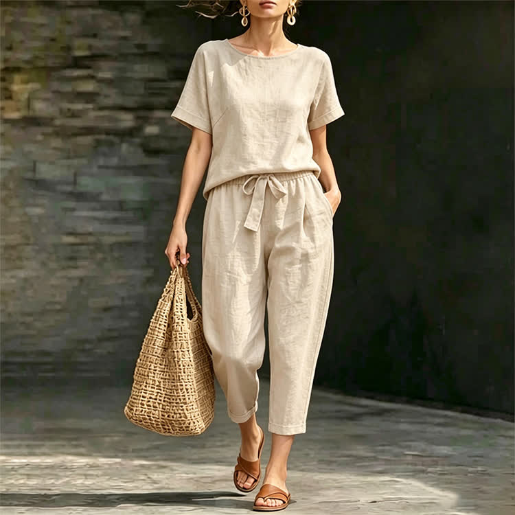 Casual Cozy Loose-Fit Solid Half Sleeve Blouse&Pants Set - image 1