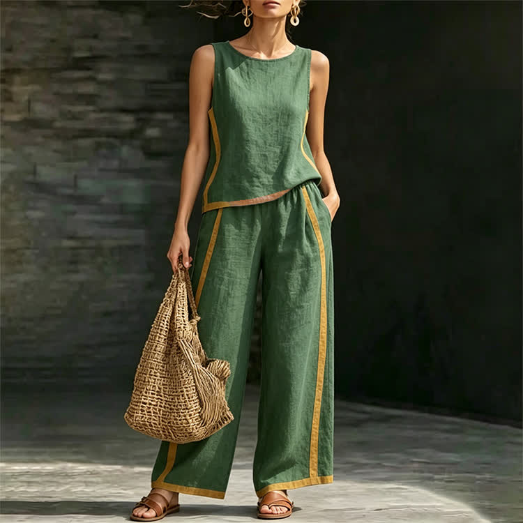 Elegant Solid Contrast Stripes Round Neck Sleeveless Top&pants Set - image 1