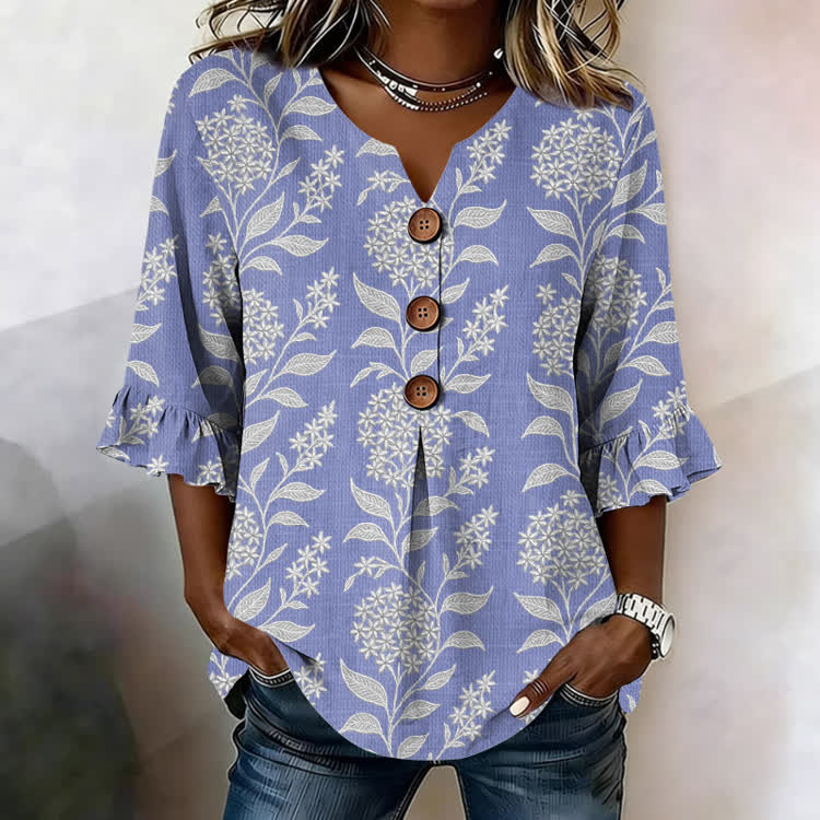 Hydrangea Texture Pattern Print Button V-Neck Blouse With Ruffle Sleeves - Light Purple - US32-34(5XL) - image 2