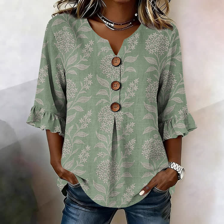 Hydrangea Texture Pattern Print Button V-Neck Blouse With Ruffle Sleeves - Light Green - US32-34(5XL) - image 1