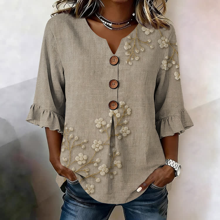Dried Baby's Breath Floral Texture Pattern Print Button V-Neck Blouse With Ruffle Sleeves - Khaki - US32-34(5XL) - image 1