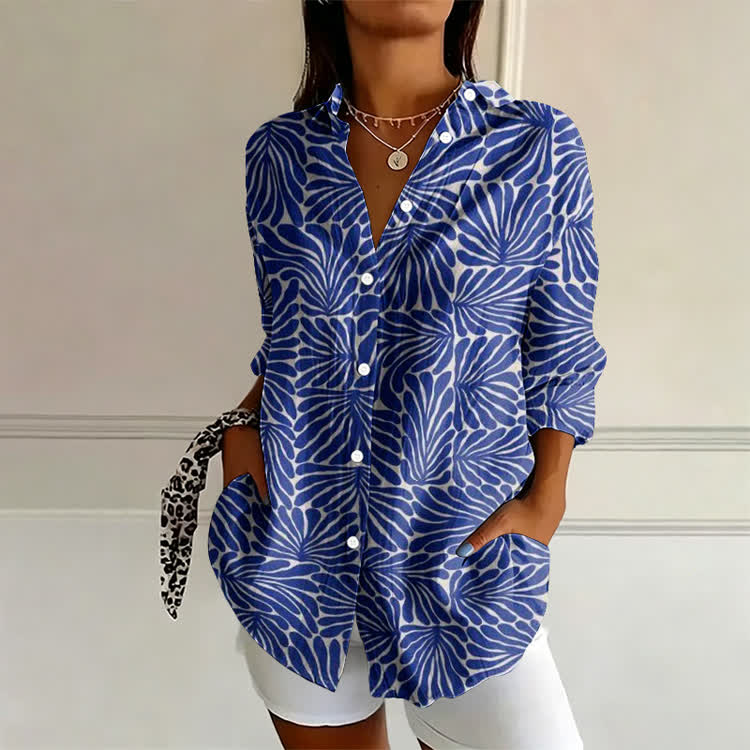 Blue Leaf Print Long Sleeve Blouse - Blue - 4XL - image 1