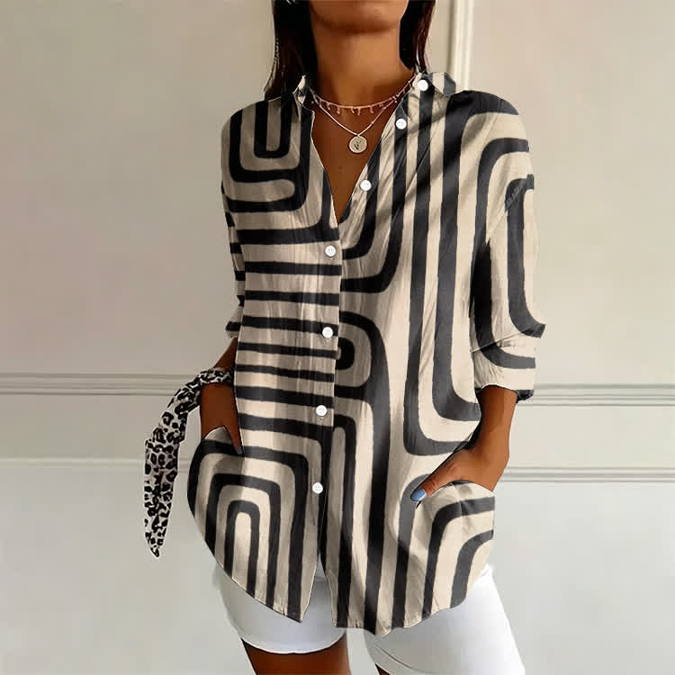 Geometric Line Print Long Sleeve Blouse - Apricot - 4XL - image 1