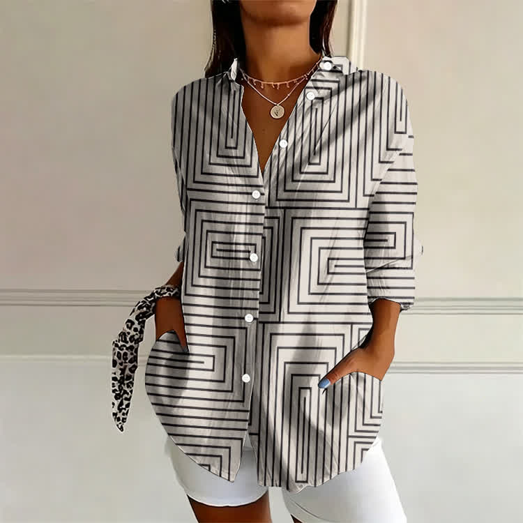 Black & White Geometric Print Long Sleeve Blouse - White - 4XL - image 1