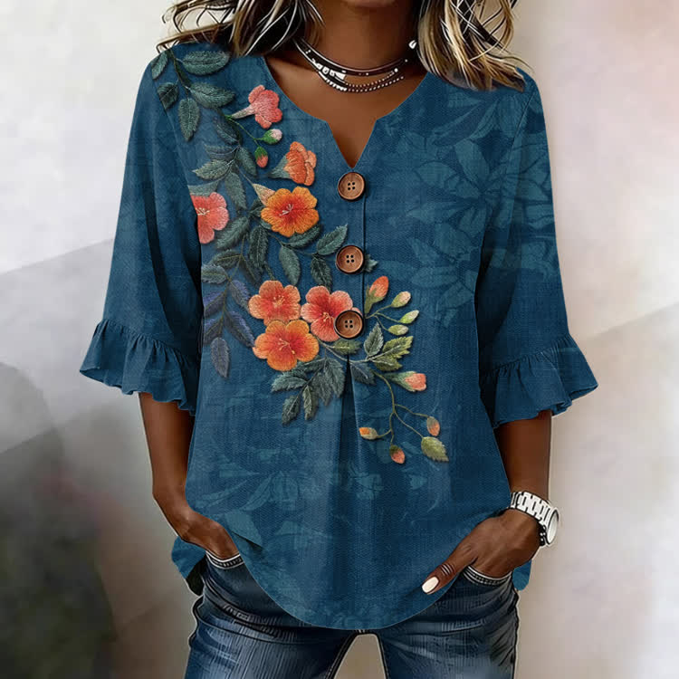 Single Flower Branch Texture Pattern Print Button V-Neck Blouse With Ruffle Sleeves - Blue - US32-34(5XL) - image 1