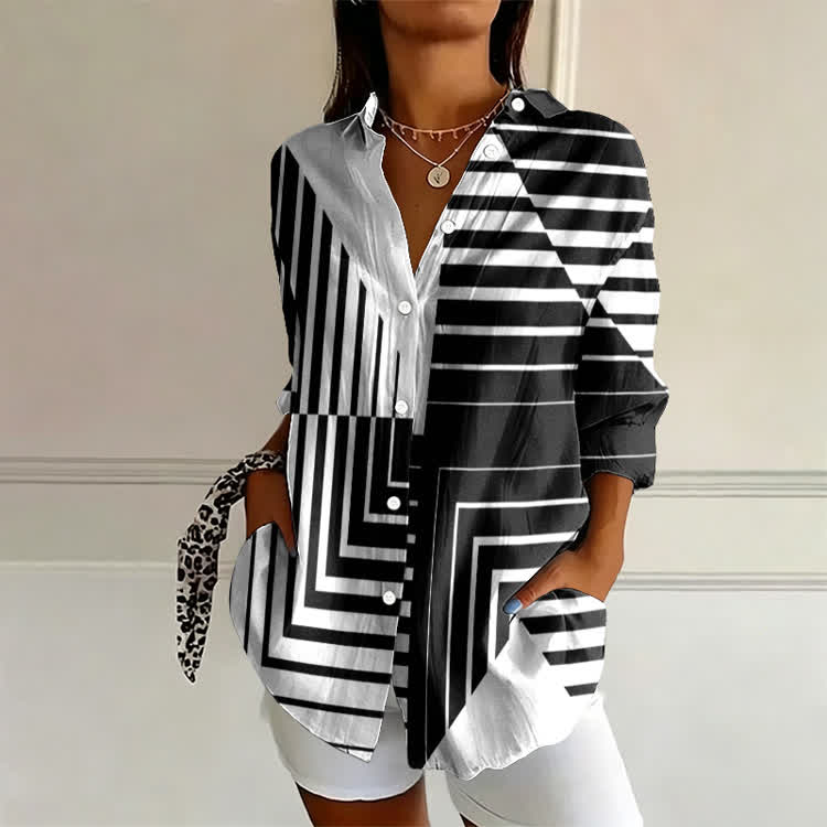 Black And White Mixed Geometric Stripe Art Print Long Sleeve Blouse - White - 4XL - image 1
