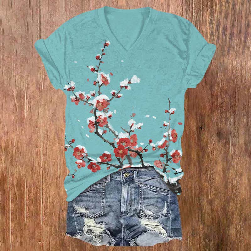 Japanese Vintage Plum Blossom Art Print V-neck T-shirt - Blue - US32-34(5XL) - image 2