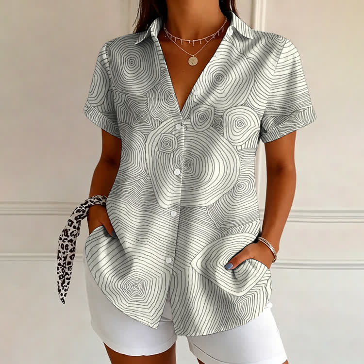 Minimalist Tree-ring Lines Pattern Print Short Sleeve Blouse - Beige - 4XL - image 1