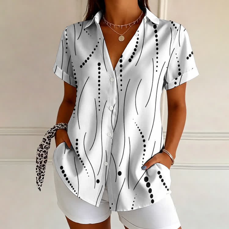 Minimalist Lines And Polka Dots Pattern Print Short Sleeve Blouse - White - 4XL - image 1