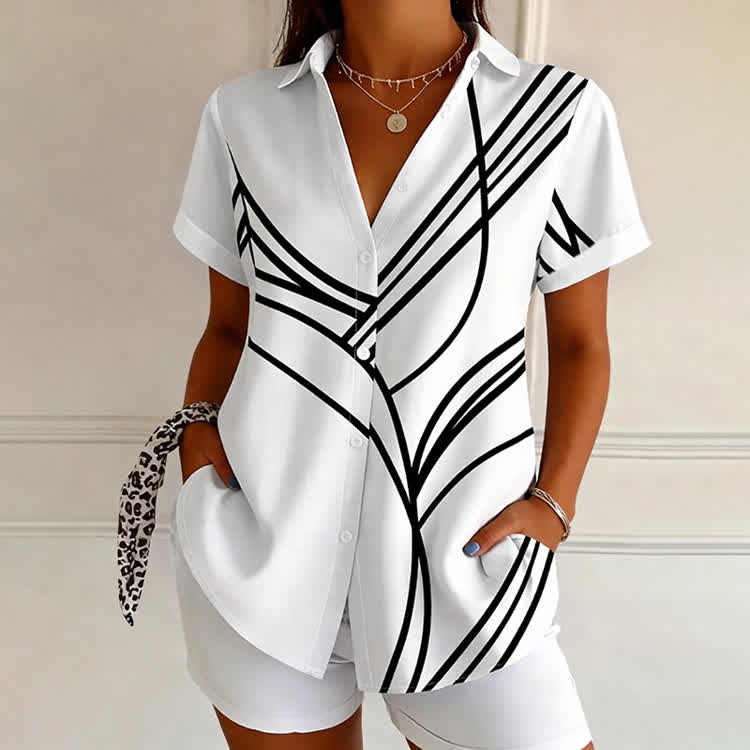 Minimalist Random Lines Pattern Print Short Sleeve Blouse - White - 4XL - image 1
