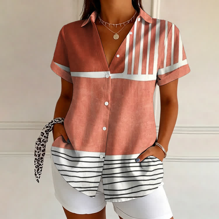 Minimalist Modern Deconstructivist Art Pattern Print Short Sleeve Blouse - Orange - 4XL - image 1