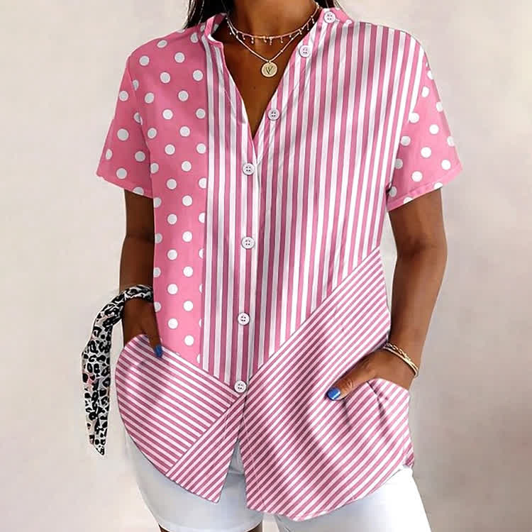 Minimalist Polka Dot Lines Pattern Print Short Sleeve Blouse - Pink - 4XL - image 1