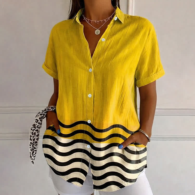 Minimalist Wavy Line Pattern Print Short Sleeve Blouse - Yellow - 4XL - image 1