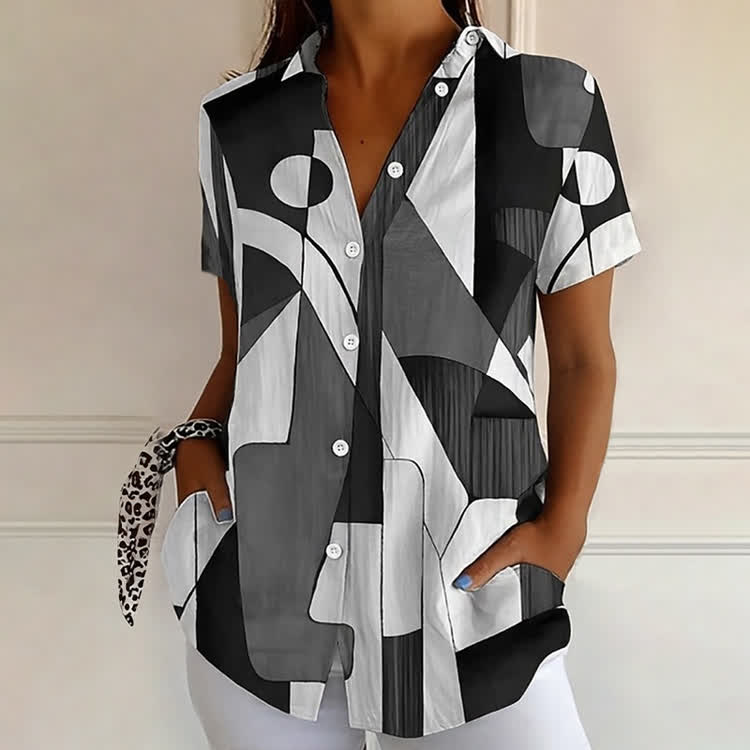 Minimalist Geometric Deconstruction Art Pattern Print Short Sleeve Blouse - Black - 4XL - image 1