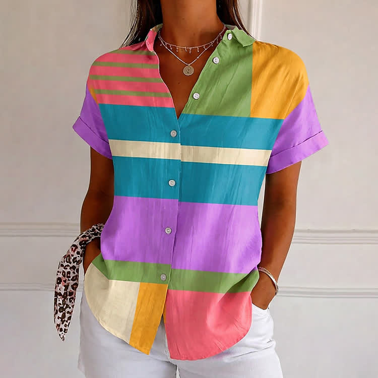Minimalist Colorful Color-block Contrast Pattern Print Short Sleeve Blouse - Multicolor - 4XL - image 1