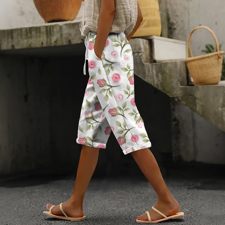 Watercolor Roses Pattern Print Casual Pocket Mid Short Pants  - White - US 24 (4XL) - image 1