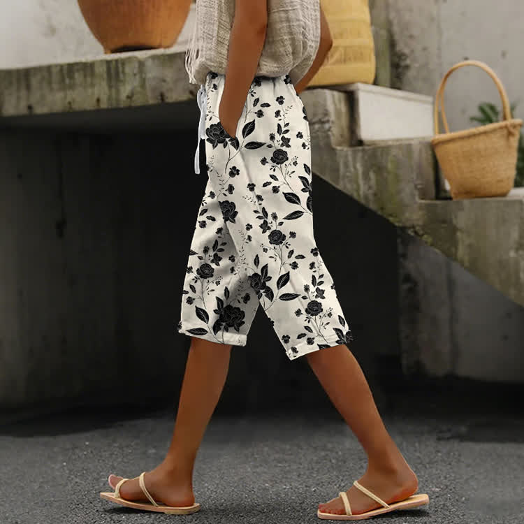 Elegant Floral Silhouettes Pattern Print Casual Pocket Mid Short Pants  - Apricot - US 24 (4XL) - image 1