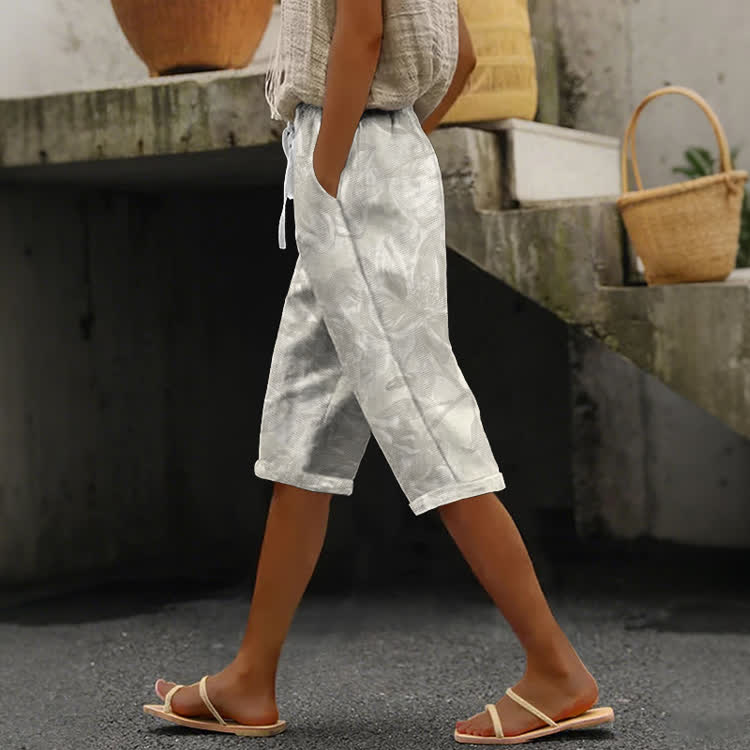 Subtle Jacquard Pattern Print Casual Pocket Mid Short Pants  - Light Gray - US 24 (4XL) - image 1