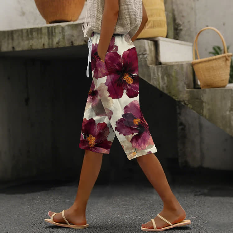 Large Watercolor Flowers Pattern Print Casual Pocket Mid Short Pants  - Purple - US 24 (4XL) - image 1